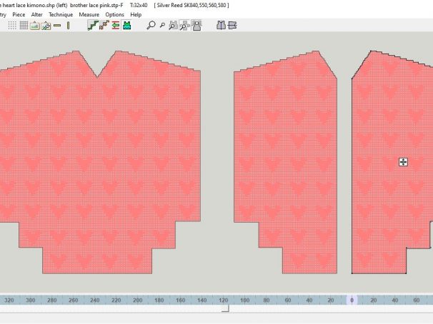 DesignaKnit screen showing an edge to edge kimono style wrap with heart shaped lace design in a peach colour. The page shows the front & back of the design & how it will work when knitted.